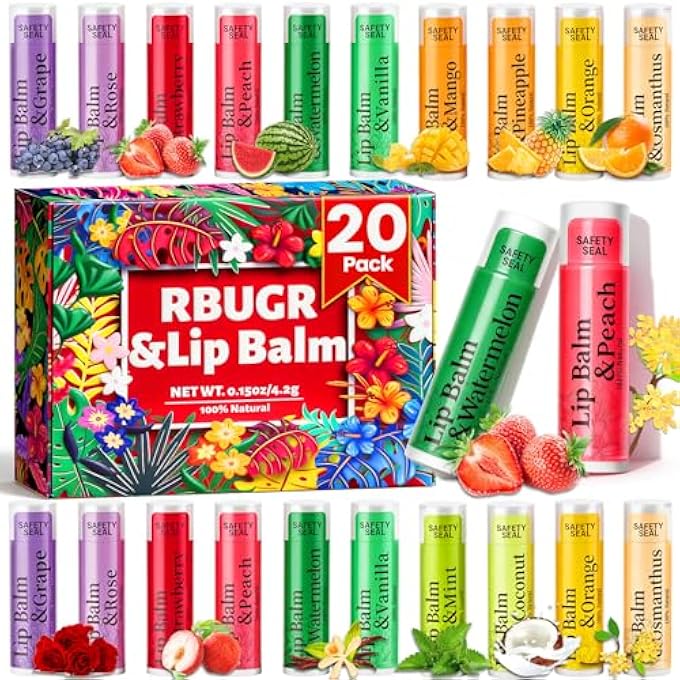 RBUGR 20 PACK LIP BALM - 12 FLAVORED NATURAL MOISTURIZING HYDRATING LIP BALM BULK SET FOR DRY CRACKED LIPS, VALENTINES GIFTS FOR WOMEN & PARTY FAVORS MINI BALM PACK (4.2G/0.15OZ) - Image 1